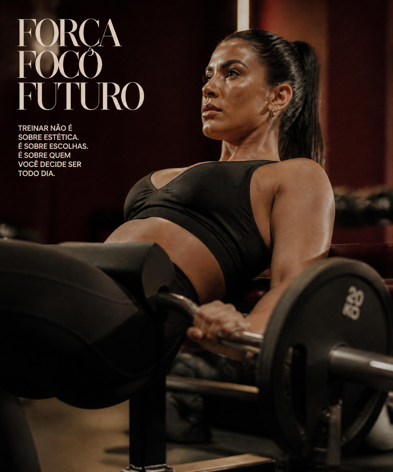Mulher treinando com foco em academia com iluminação editorial